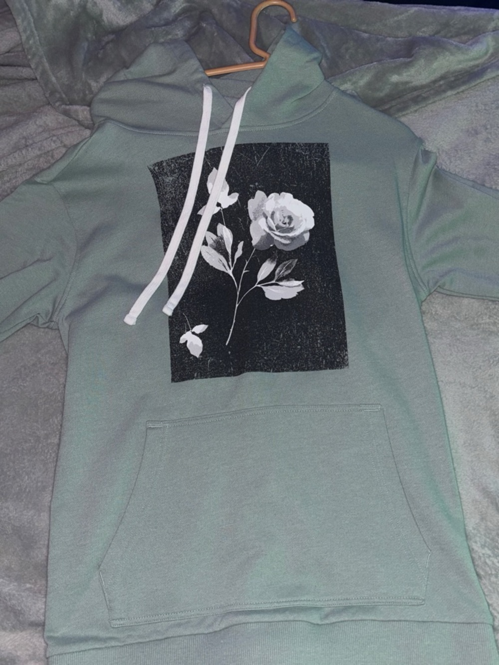 No Boundaries Sage Green Crewneck Hoodie with Black & White Rose Graphic